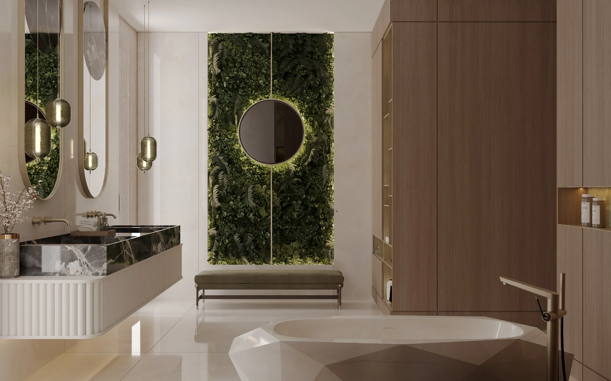 Master bathroom, living wall and bathtub — villa interior in Miami by Soltis Interiors