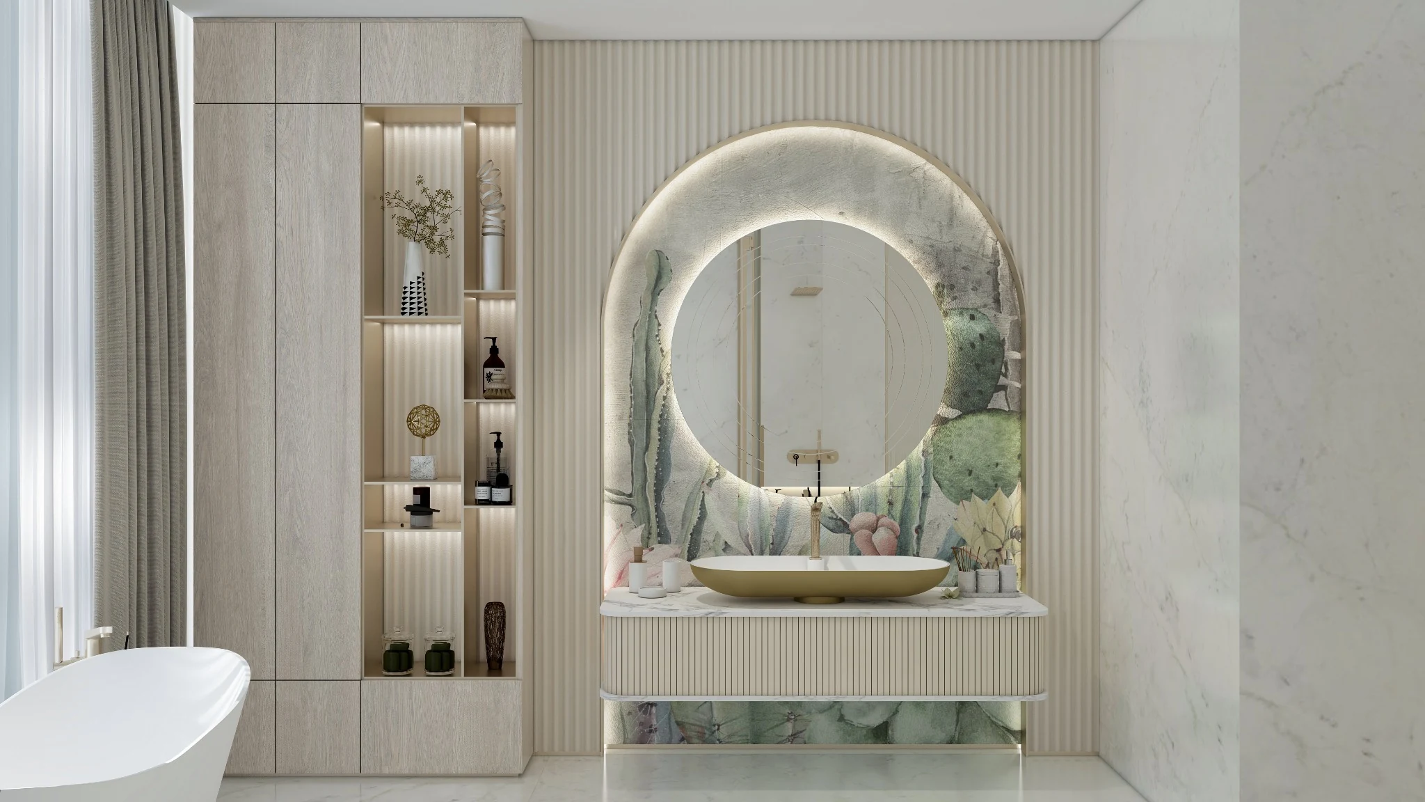 Bathroom, arched cactus vanity — villa interior in Miami by Soltis Interiors