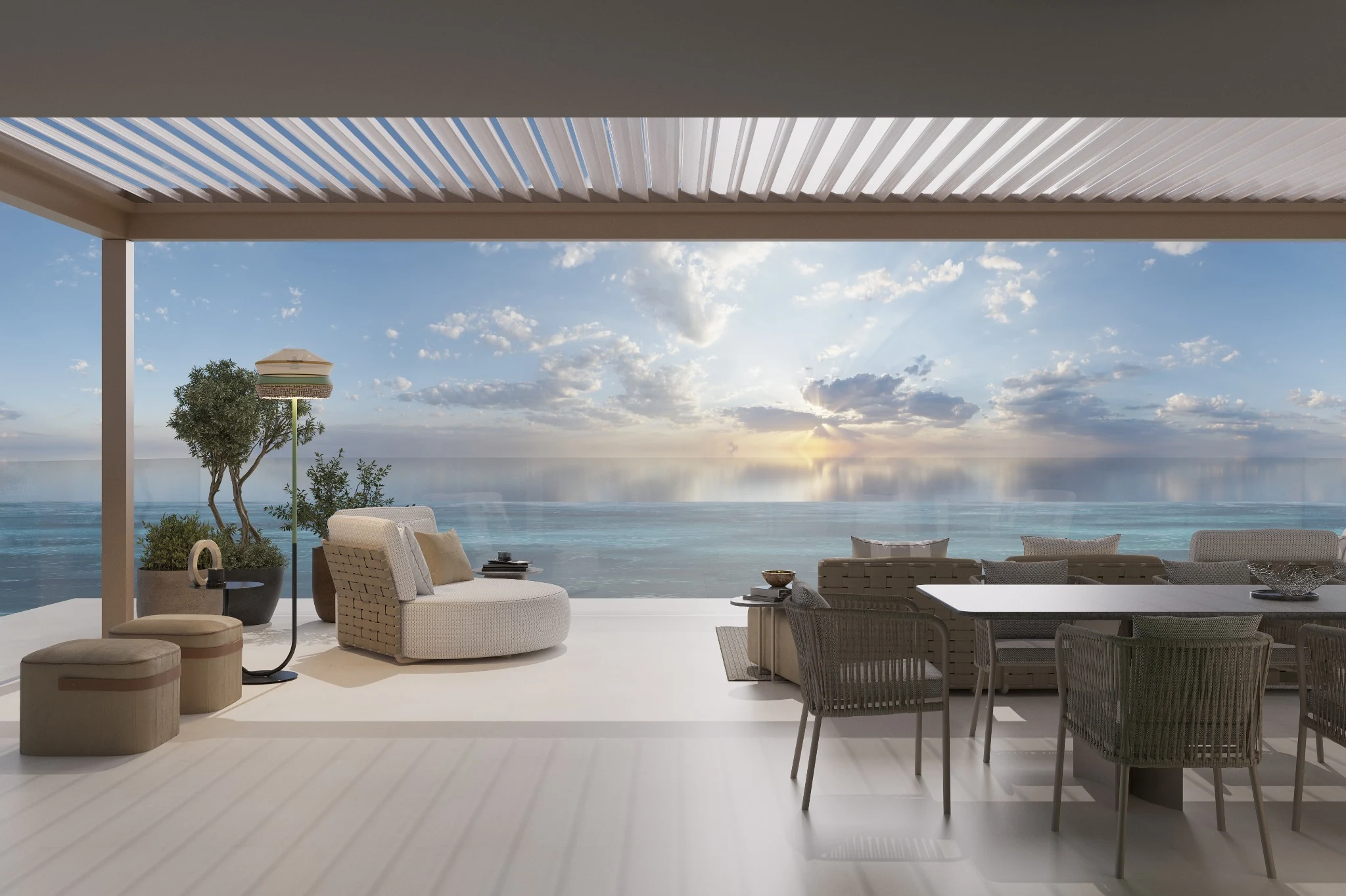 Terrace, sunset sea view — villa interior in Miami by Soltis Interiors