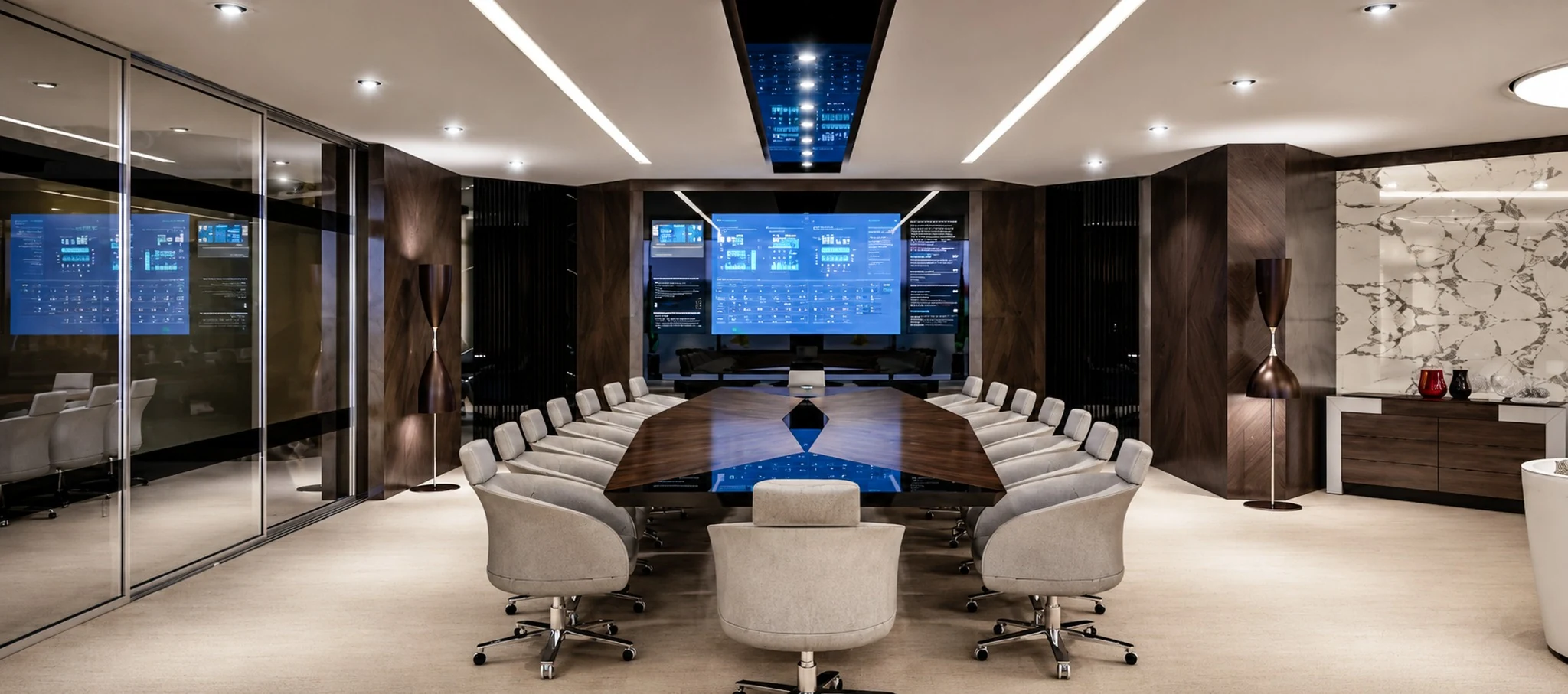 Boardroom, diamond-form table and ceiling monitor — office interior in Dubai by Soltis Interiors