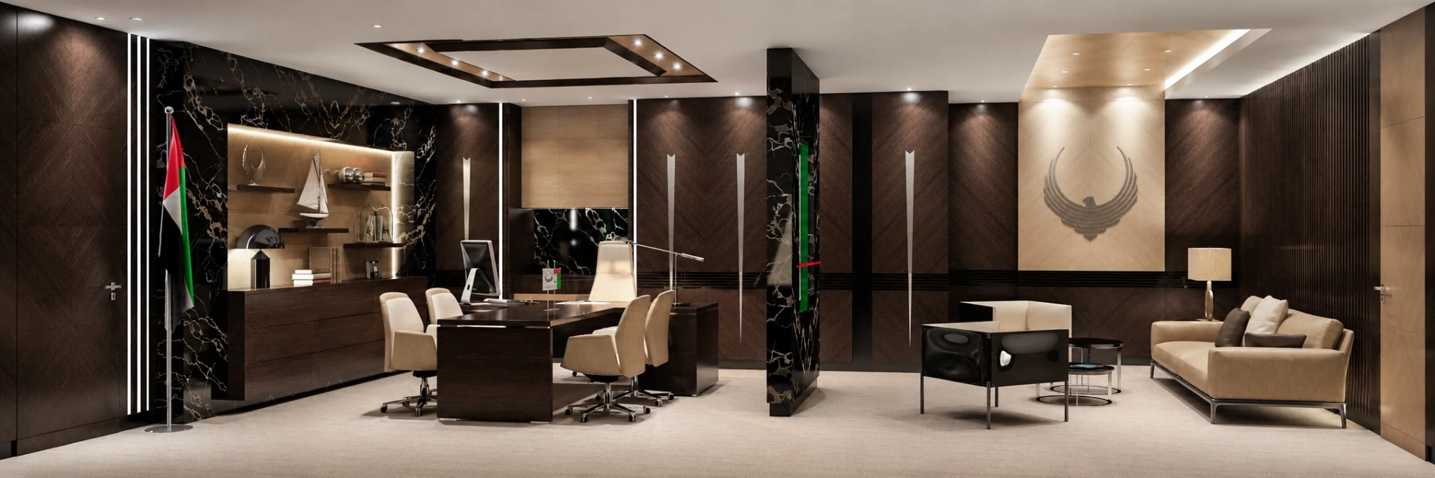 Executive office, marble and emblem wall — office interior in Dubai by Soltis Interiors