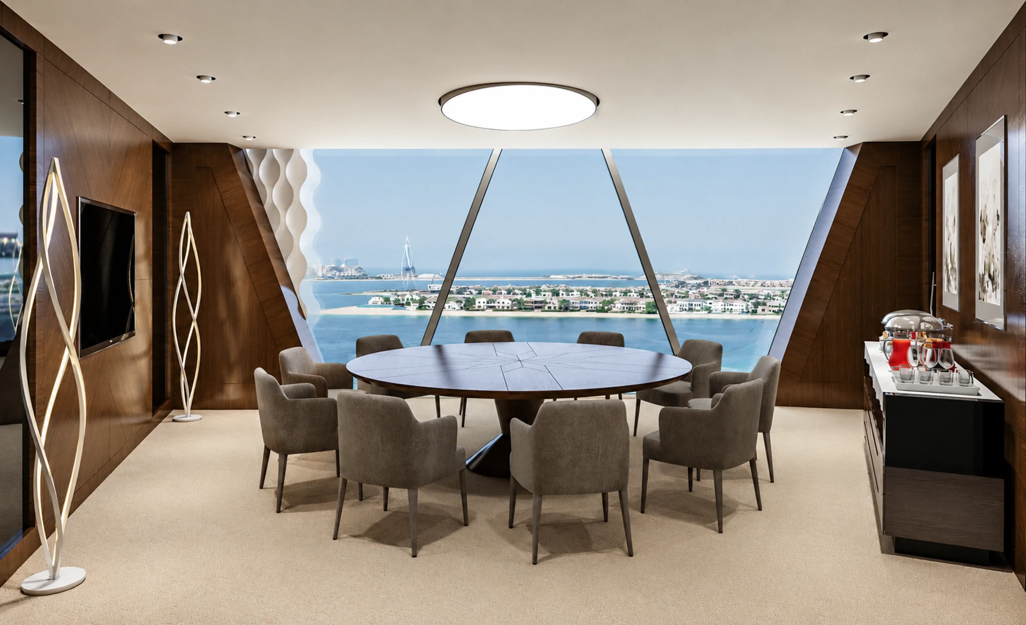 Private lounge, round table and coastal view — office interior in Dubai by Soltis Interiors