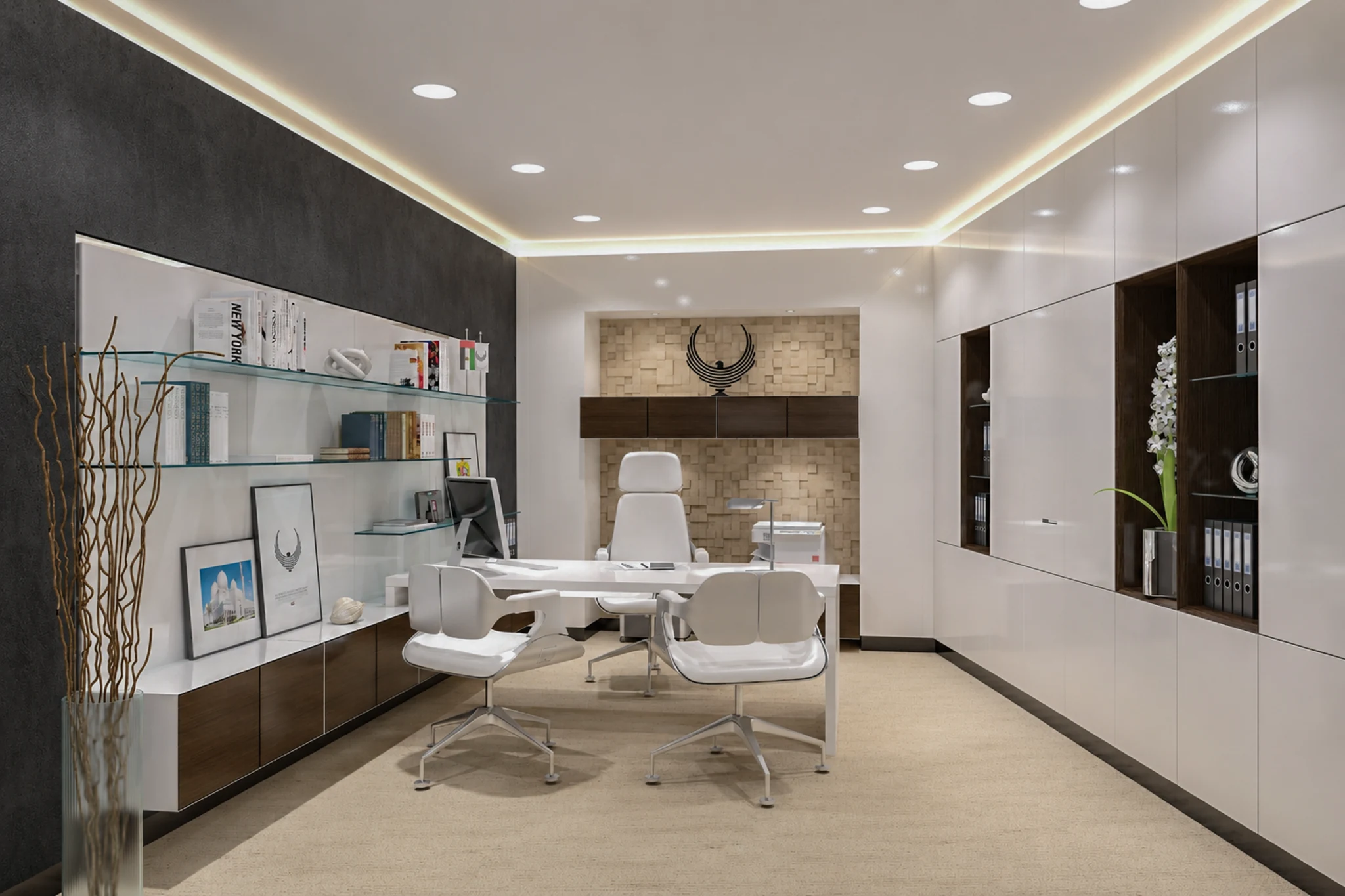 Office, glass shelving and textured feature wall — office interior in Dubai by Soltis Interiors