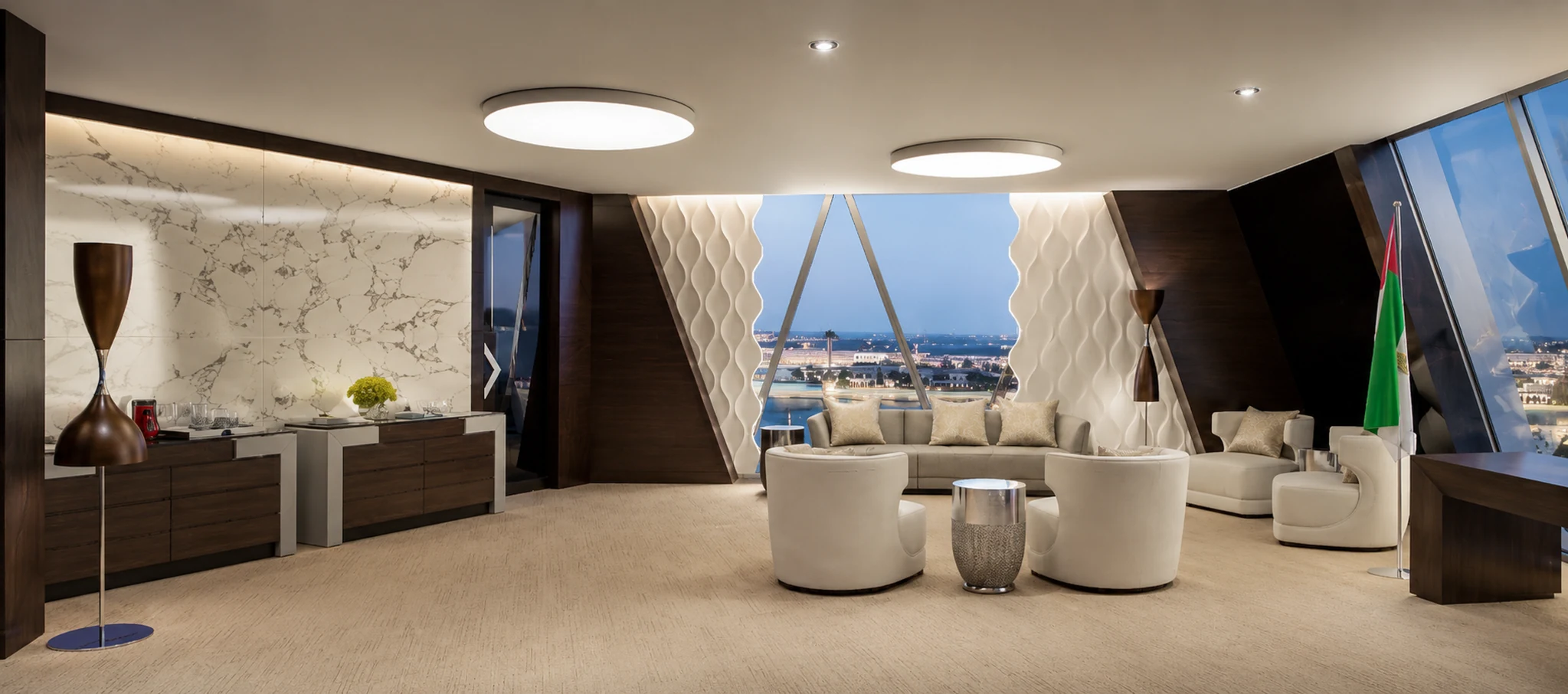 Reception lounge, evening view — office interior in Dubai by Soltis Interiors