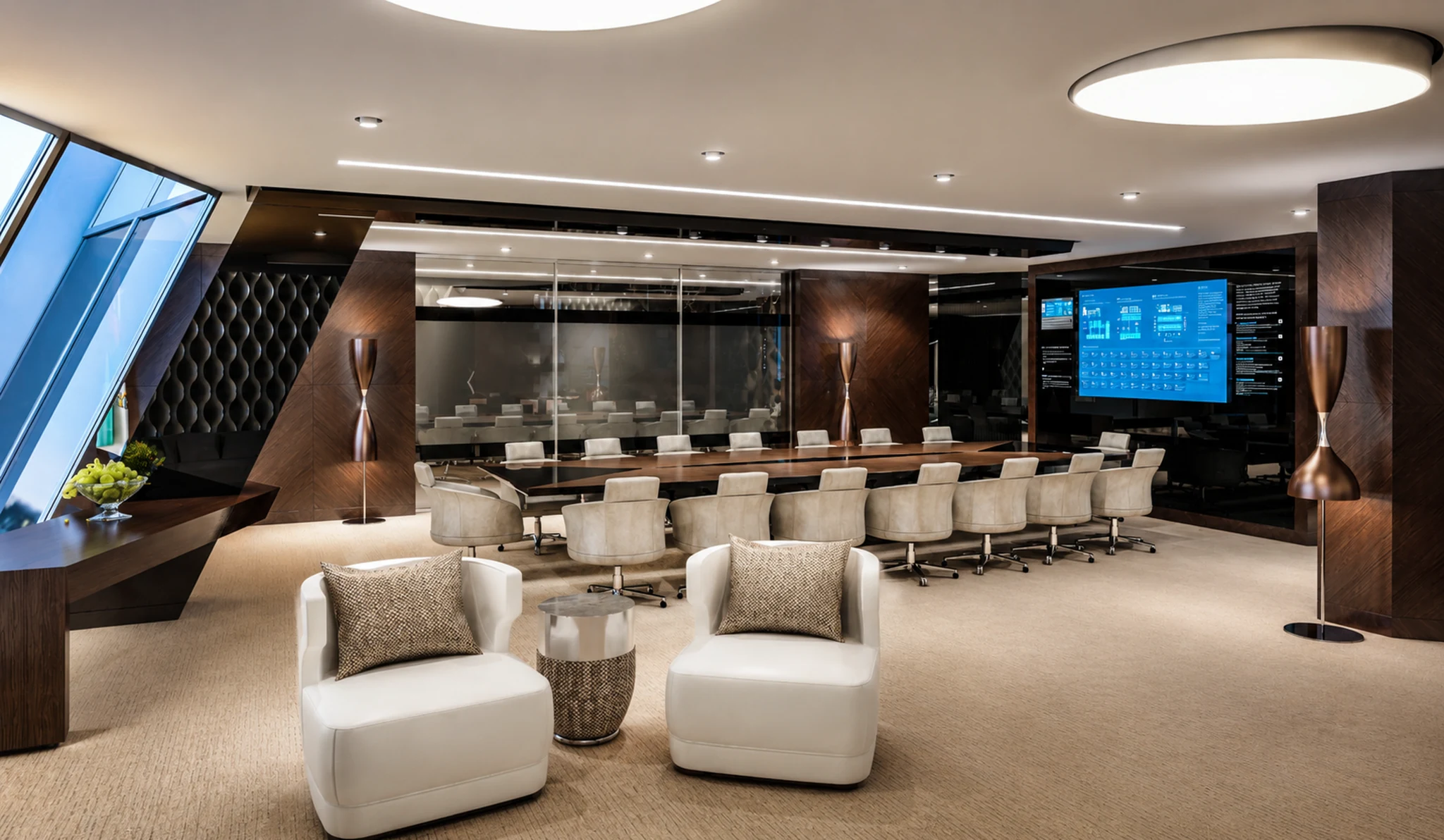 Executive office, dark timber and onyx — office interior in Dubai by Soltis Interiors