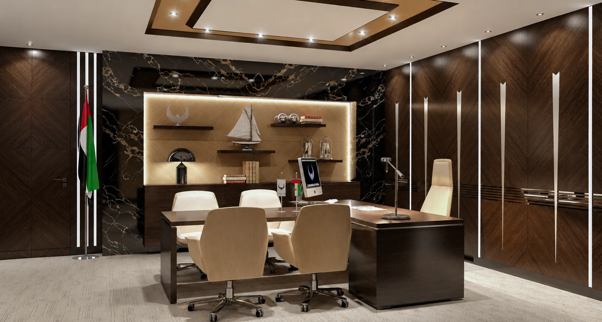 Boardroom, full-length wall display — office interior in Dubai by Soltis Interiors