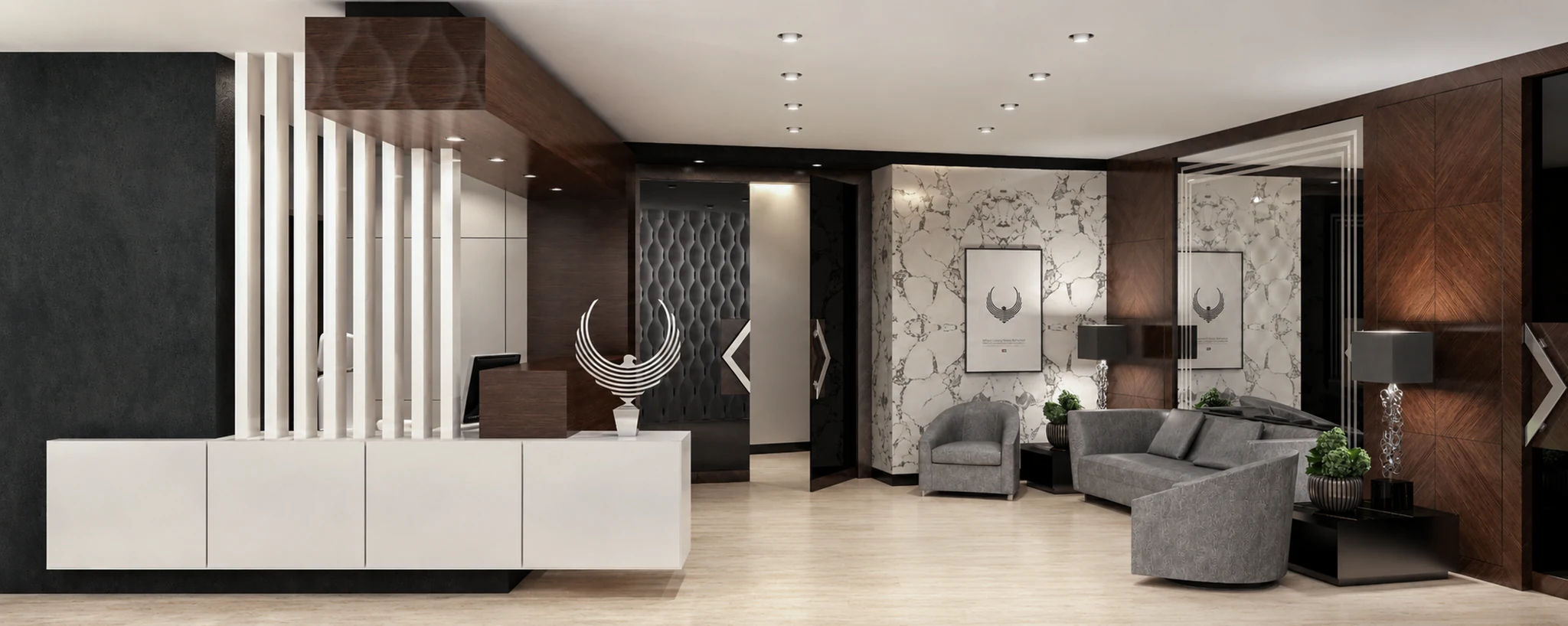 Executive suite, inlaid marble desk — office interior in Dubai by Soltis Interiors
