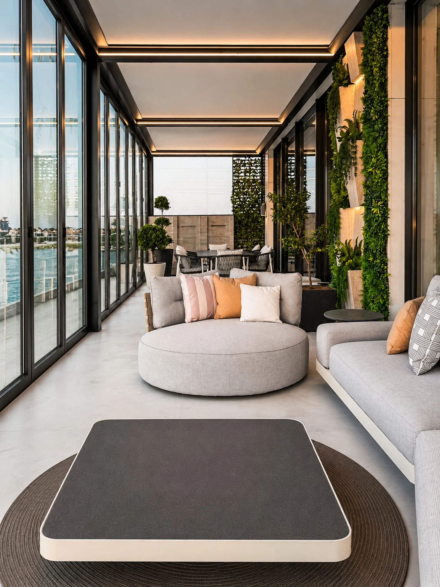 Terrace, ivy and travertine detail — mansion interior in Dubai by Soltis Interiors