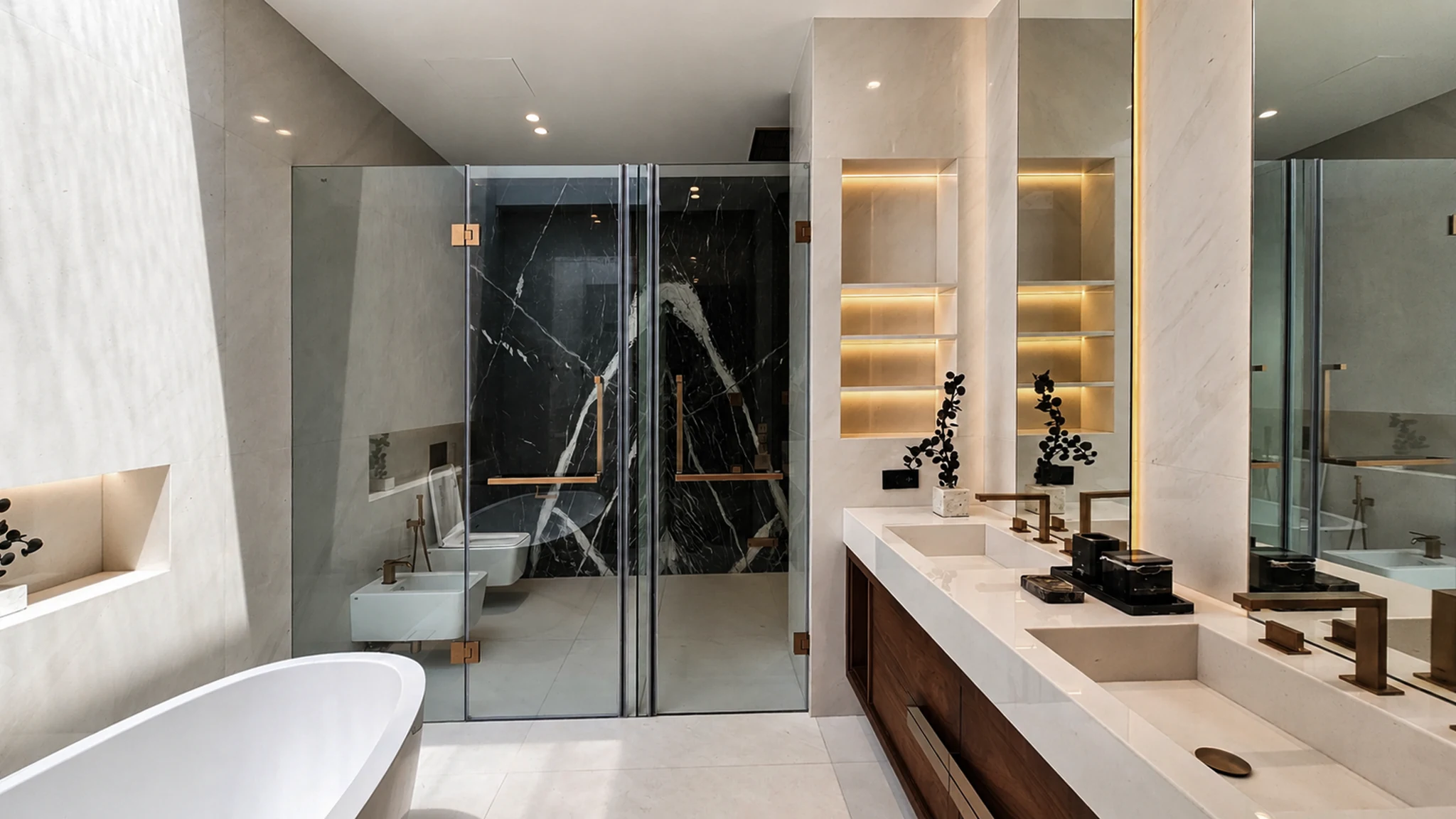 Master bathroom, black marble and double vanity — mansion interior in Dubai by Soltis Interiors