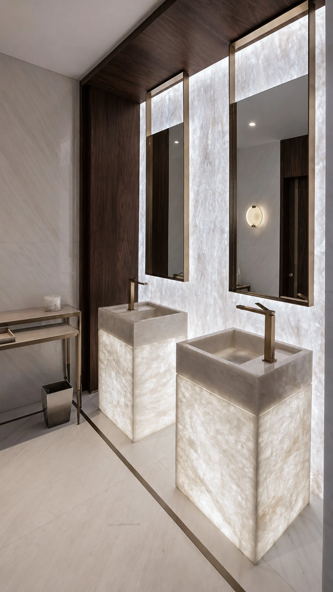 Bathroom, illuminated onyx pedestals — mansion interior in Dubai by Soltis Interiors