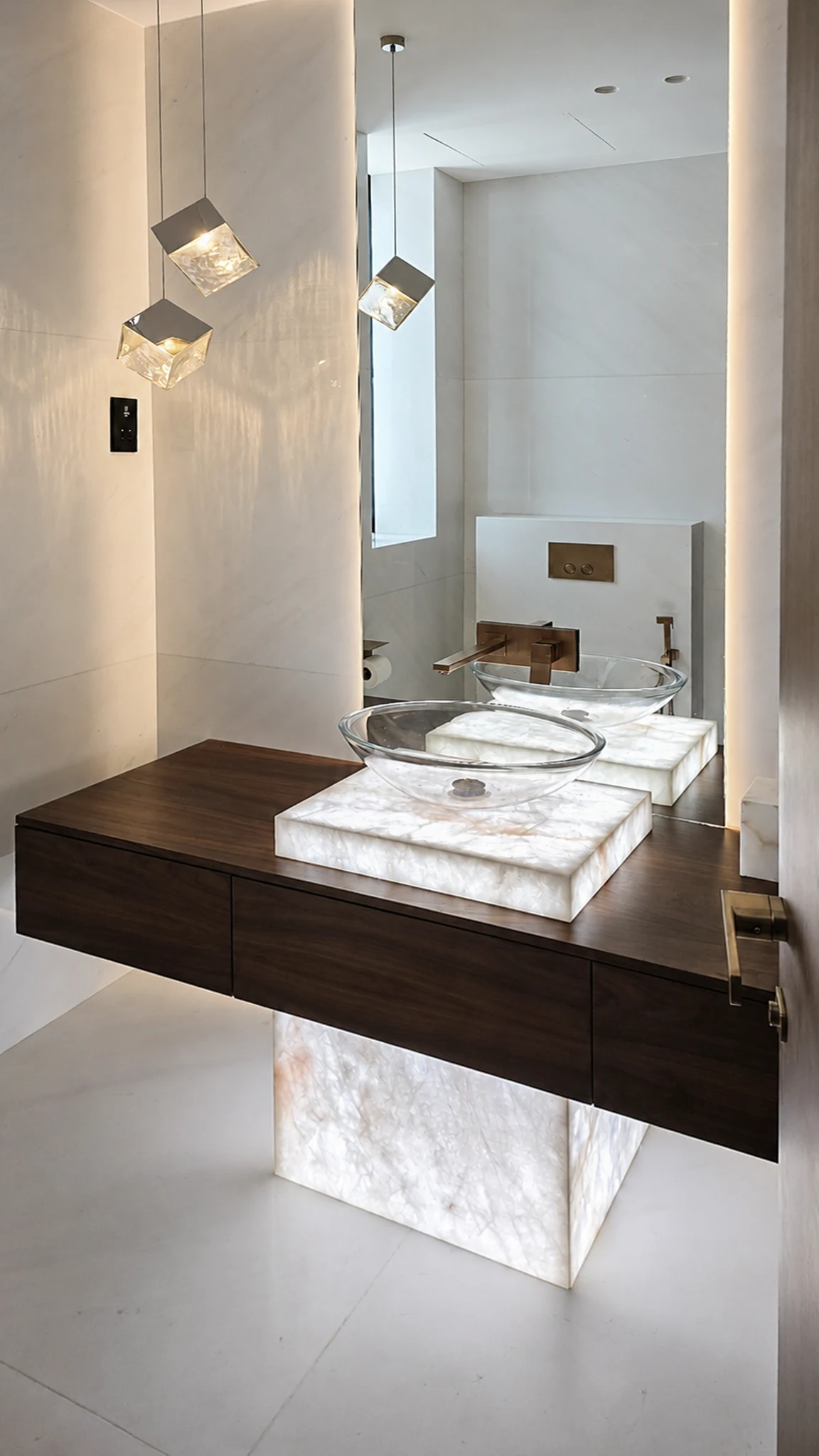 Bathroom, glass bowl and onyx plinth — mansion interior in Dubai by Soltis Interiors