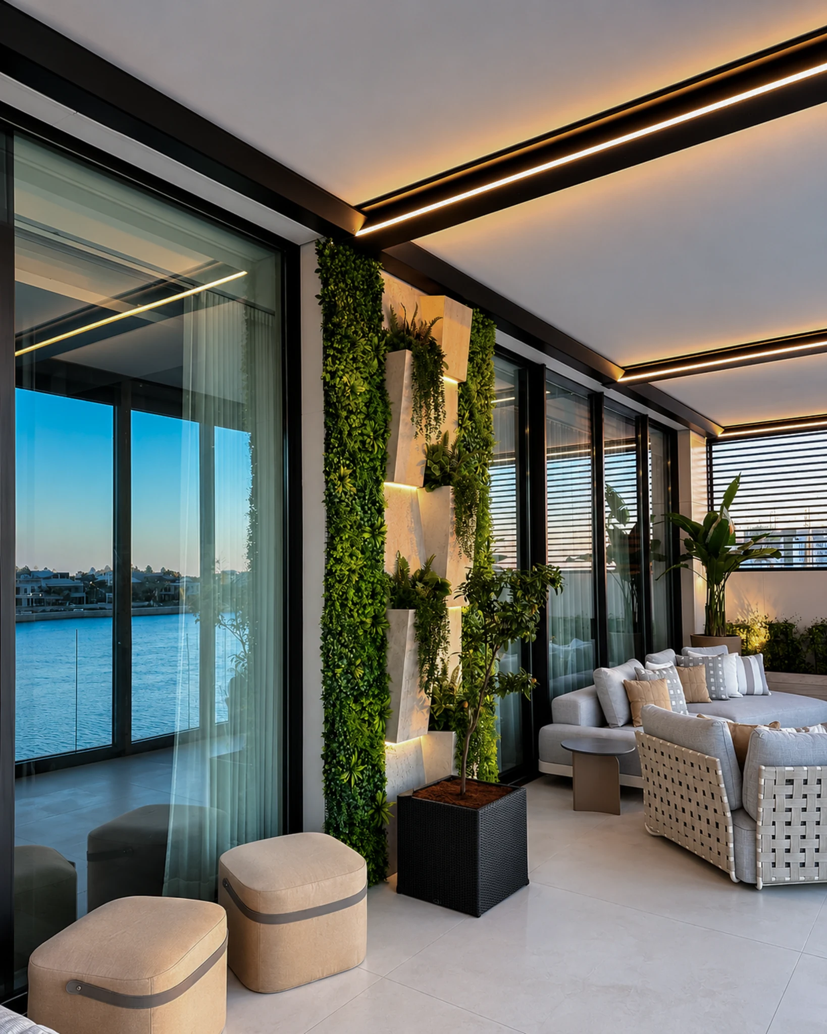 Terrace, travertine living wall — mansion interior in Dubai by Soltis Interiors