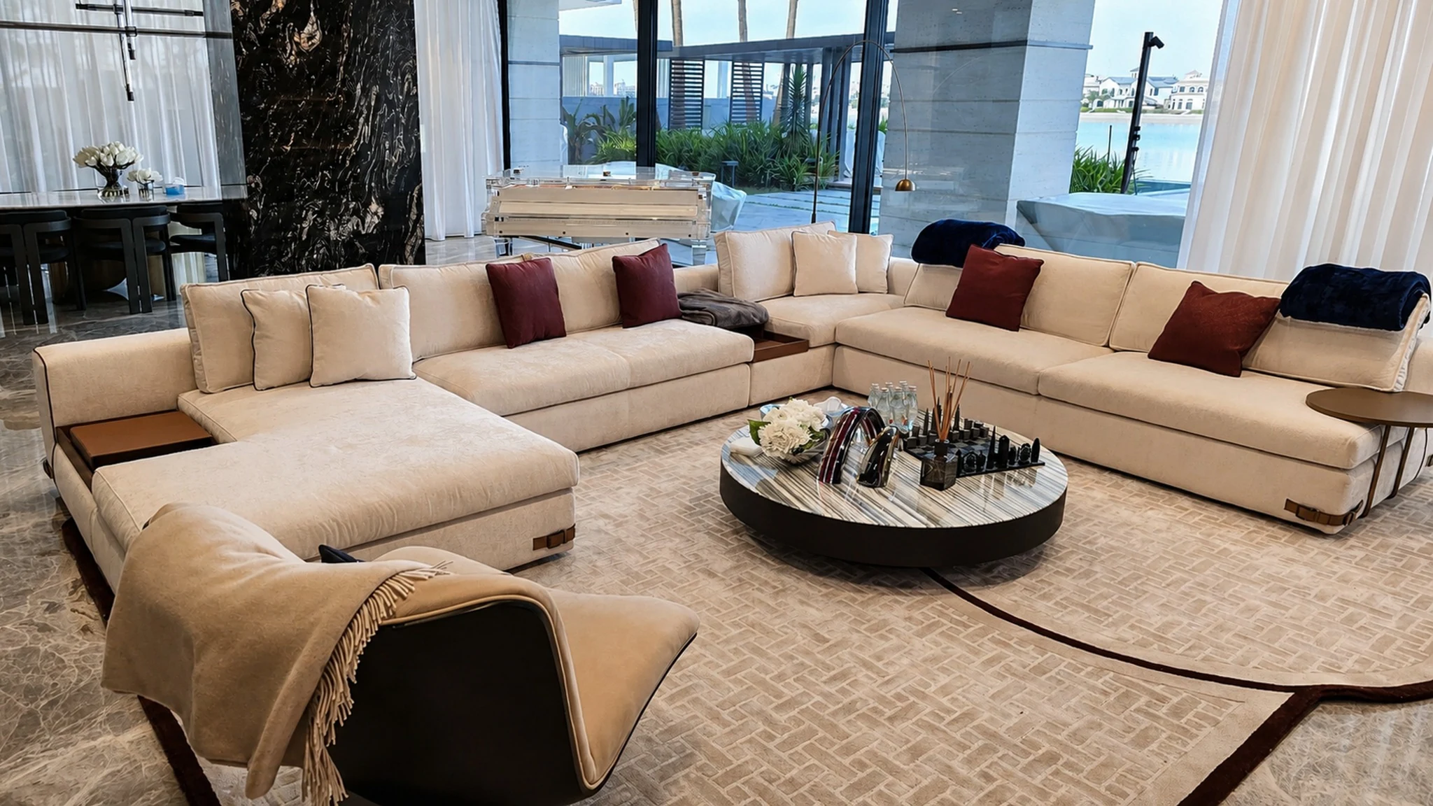 Living, sea view and sectional — villa interior in Dubai by Soltis Interiors
