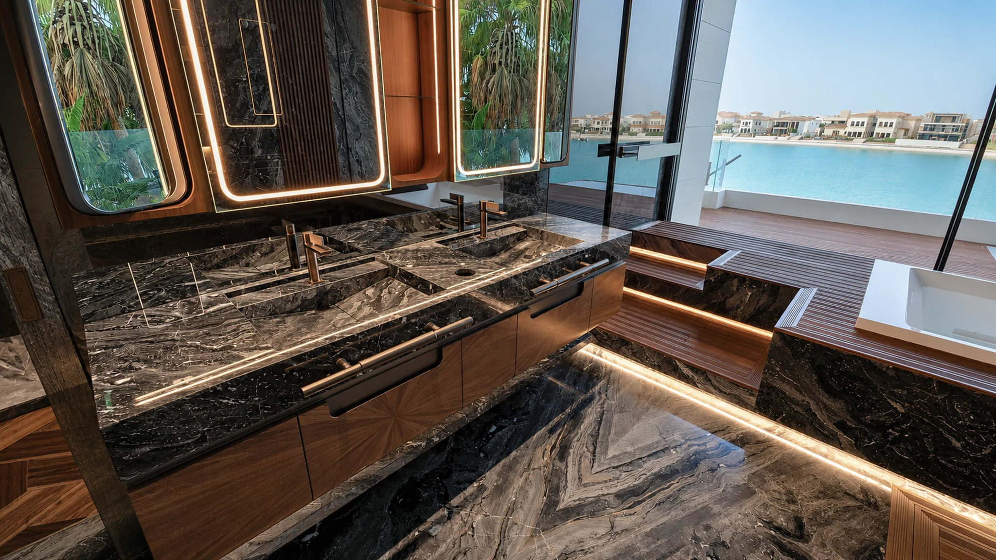 Master bath, black marble vanity and sea view — villa interior in Dubai by Soltis Interiors