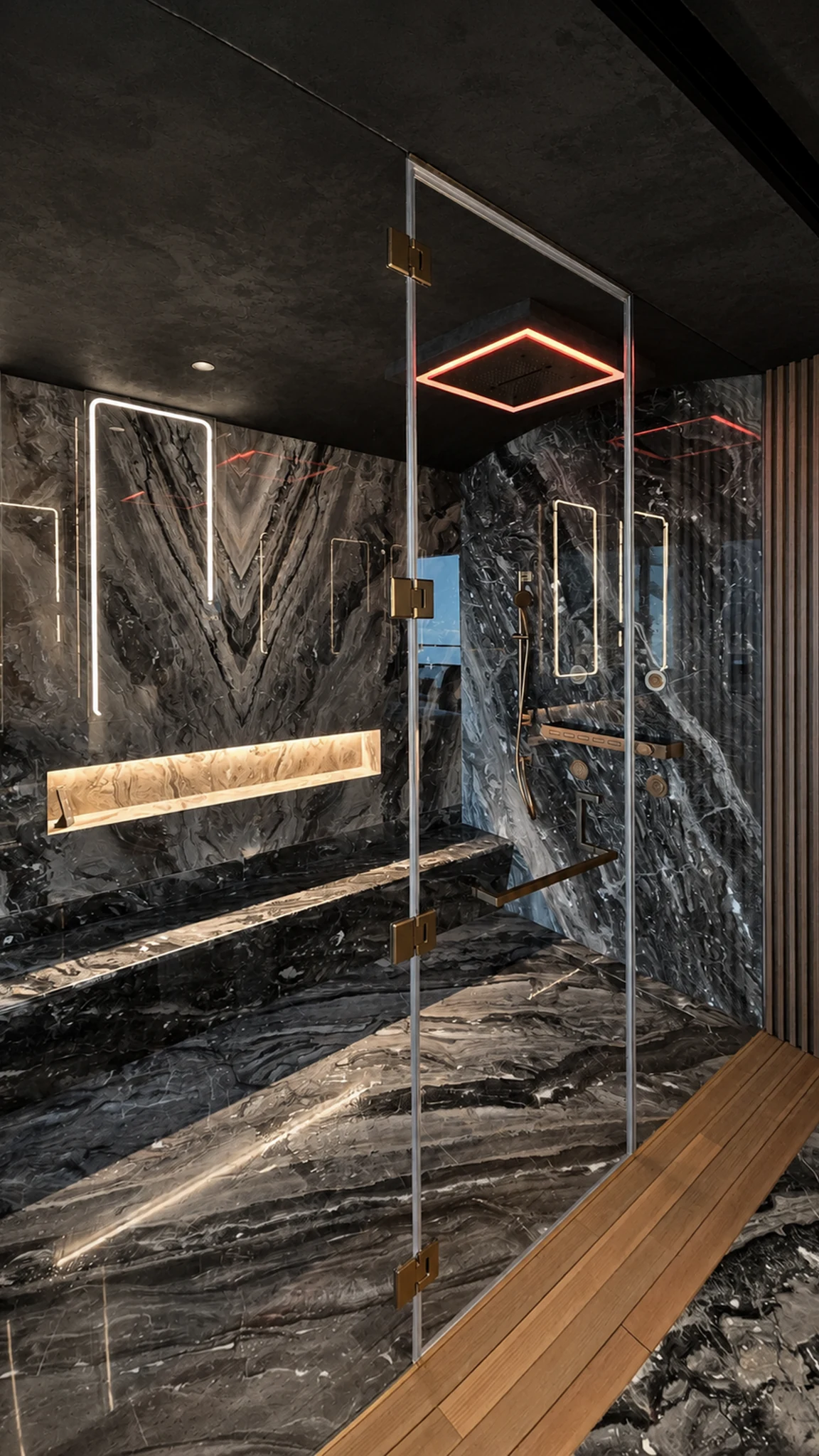 Master shower, black marble — villa interior in Dubai by Soltis Interiors